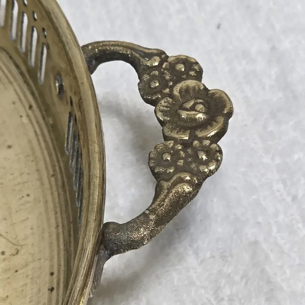 Vintage Brass Platter Serving Tray 12” W/ Ornate Flower Handles Made in India
